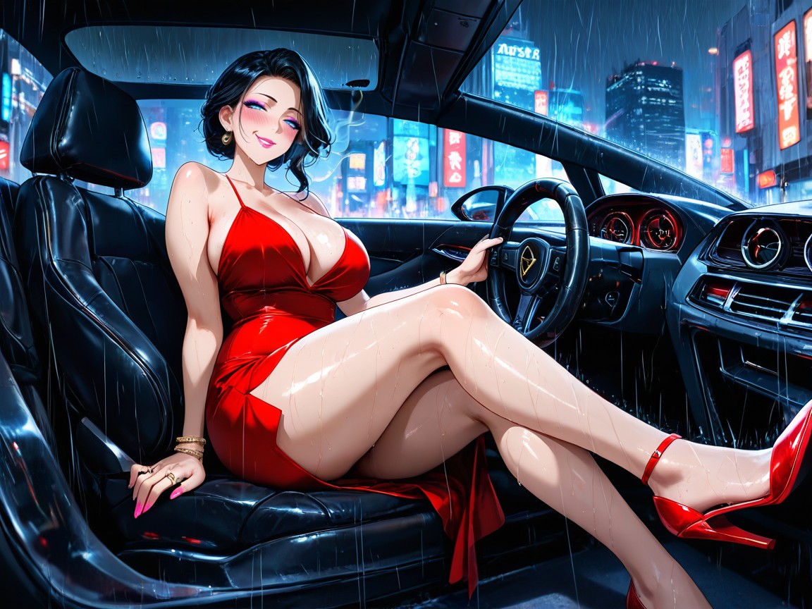 Cinematic Lighting, A Night Time City Street With View Of City, Raining Hentai AI Porn