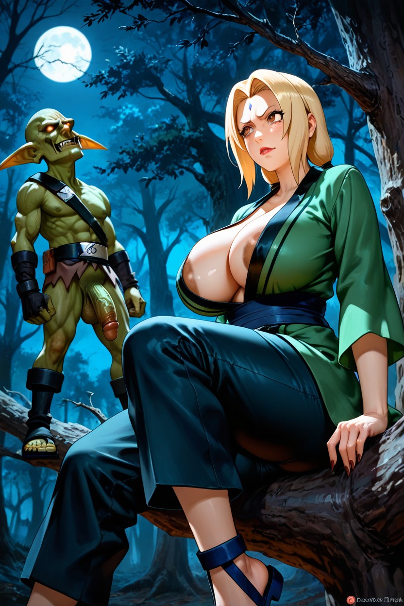 Tsunade On The Ground Standing Looking Up, Evil Goblin, Half Size Goblin Hentai AI Porn