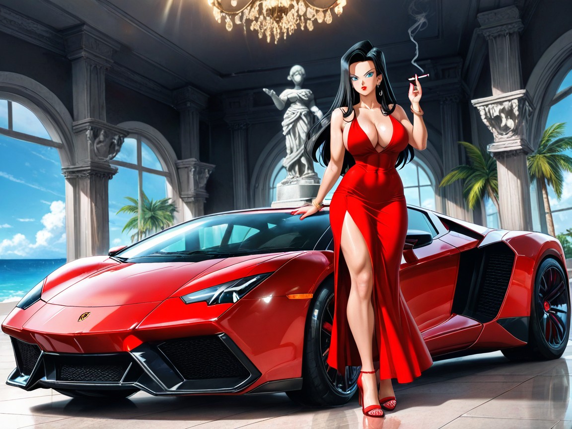 Outdoors, Red Lamborghini, Red Open Toe Heels Hentai AI Porn