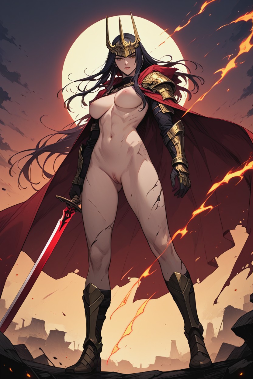 Breasts Exposed, Nude, Yellow And Purple Tones Strong Warm Lighting From The Sword Hentai AI Porn