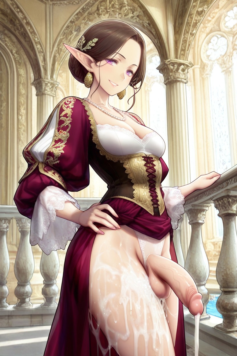 Exaggerated Visible Phallus Flaccid, Railing Hips Tilted Inviting Pose, Pointed Elf Ears Hentai AI Porn