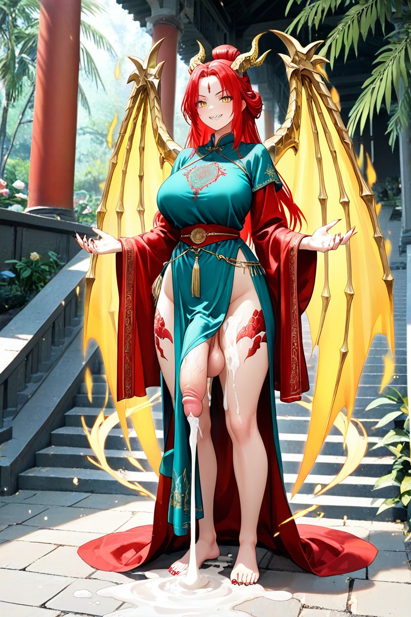 Sharp Teeth, Vietnamese, Red Silk Ao Tu Than Tunic With Dragon Embroidery And High Belt Hentai AI Porn