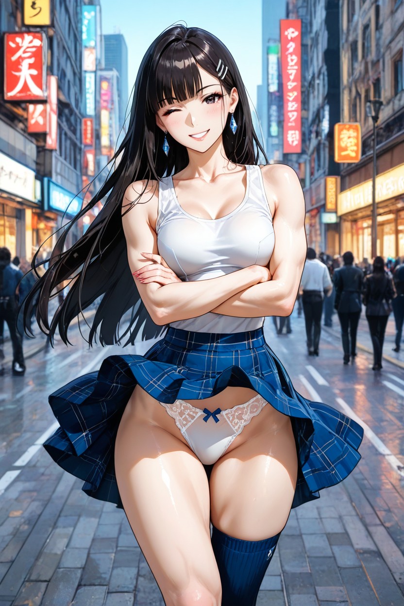 Beautiful Hairpins, Blue Checked Skirt, Very Nice Long Straight Hair Hentai AI Porn