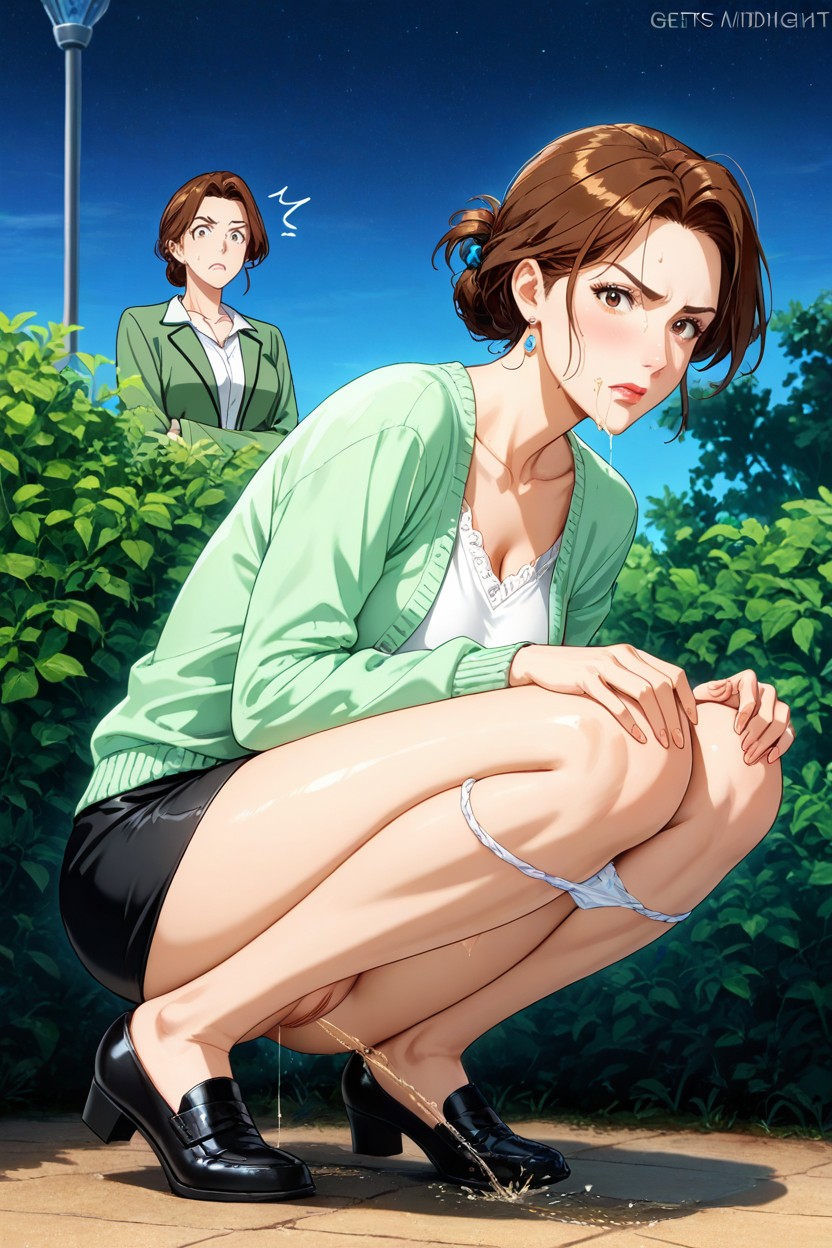 Gets Up From A Squatting Position, Wearing Back Skirt Under Topping Coat, Alone In Frame Hentai AI Porn
