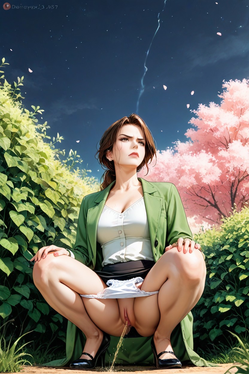 Knees Together Feet Apart, Brown Hair, Desperation Pee Hentai AI Porn