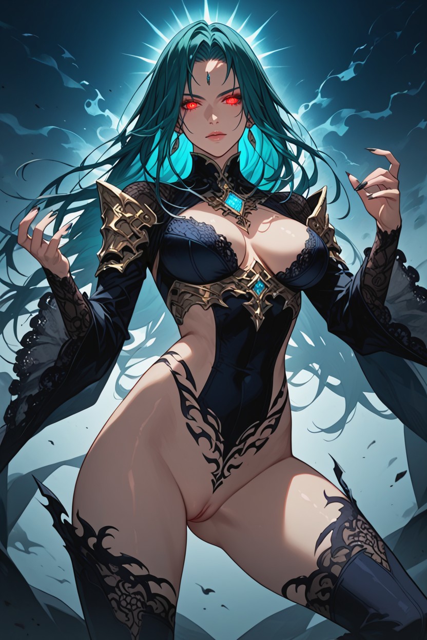 18+, Smooth Teal-toned Outfit Inspired By Monster Skin Textures, Dark Fantasy Mood Hentai AI Porn