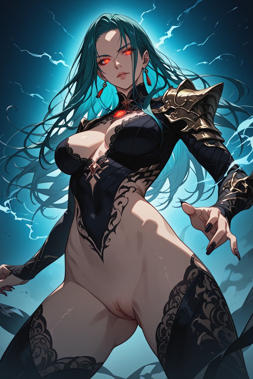 Smooth Teal-toned Outfit Inspired By Monster Skin Textures, Long Dark Teal Hair, Pussy Hentai AI Porn