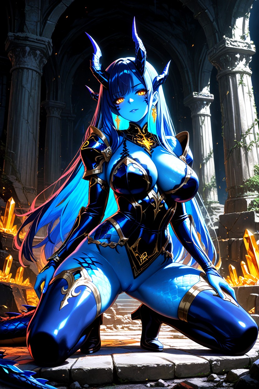 Smooth Skin, Wide Confident Stance With Legs Apart, Glowing Blue And Violet Crystals Embedded In The Stone Walls Hentai IA