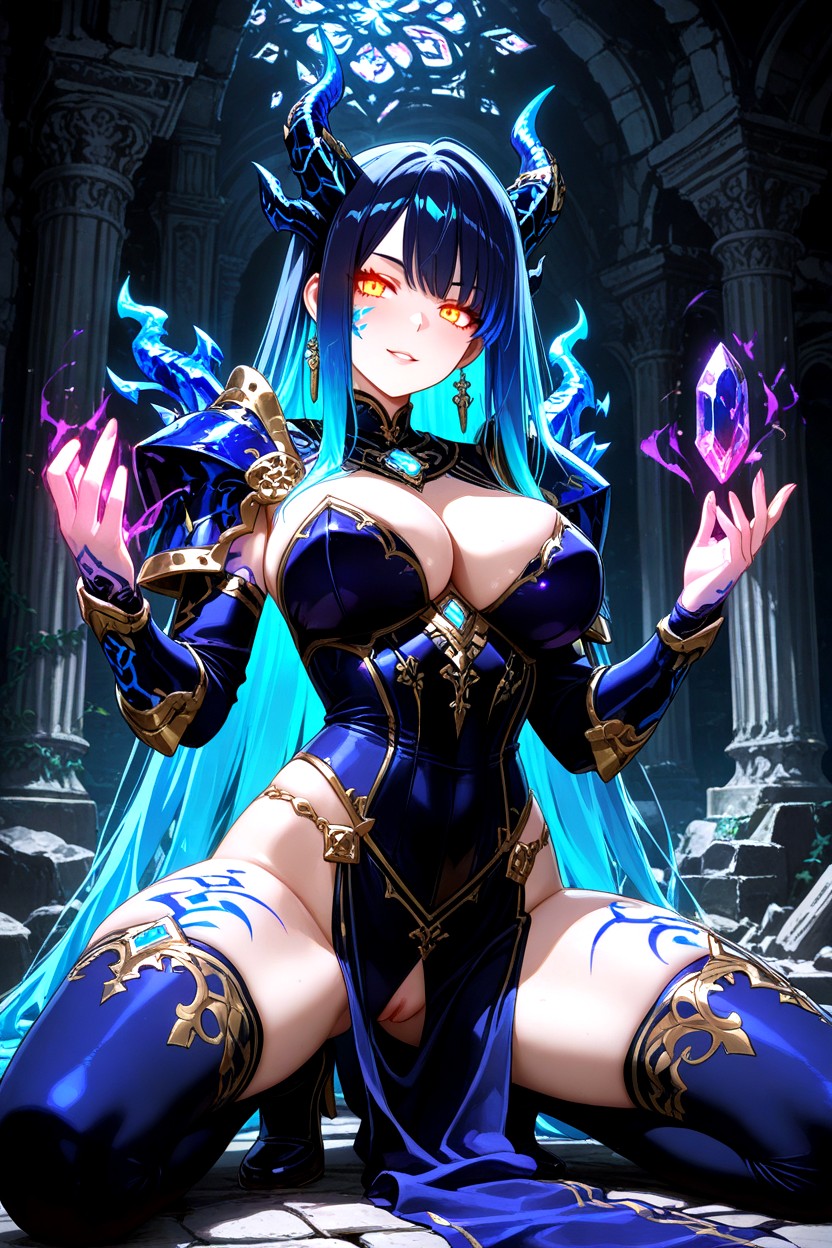 Glowing Golden Eyes, Deep Shadows And Glowing Highlights, Elegant Fantasy Armor Highlighting Her Silhouette Hentai AI Porn
