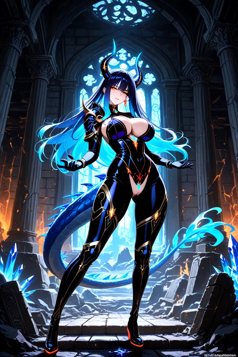 Long Flowing Deep Blue Hair With Soft Shine, Elegant Body, Pussy And Breasts Exposed Hentai AI Porn