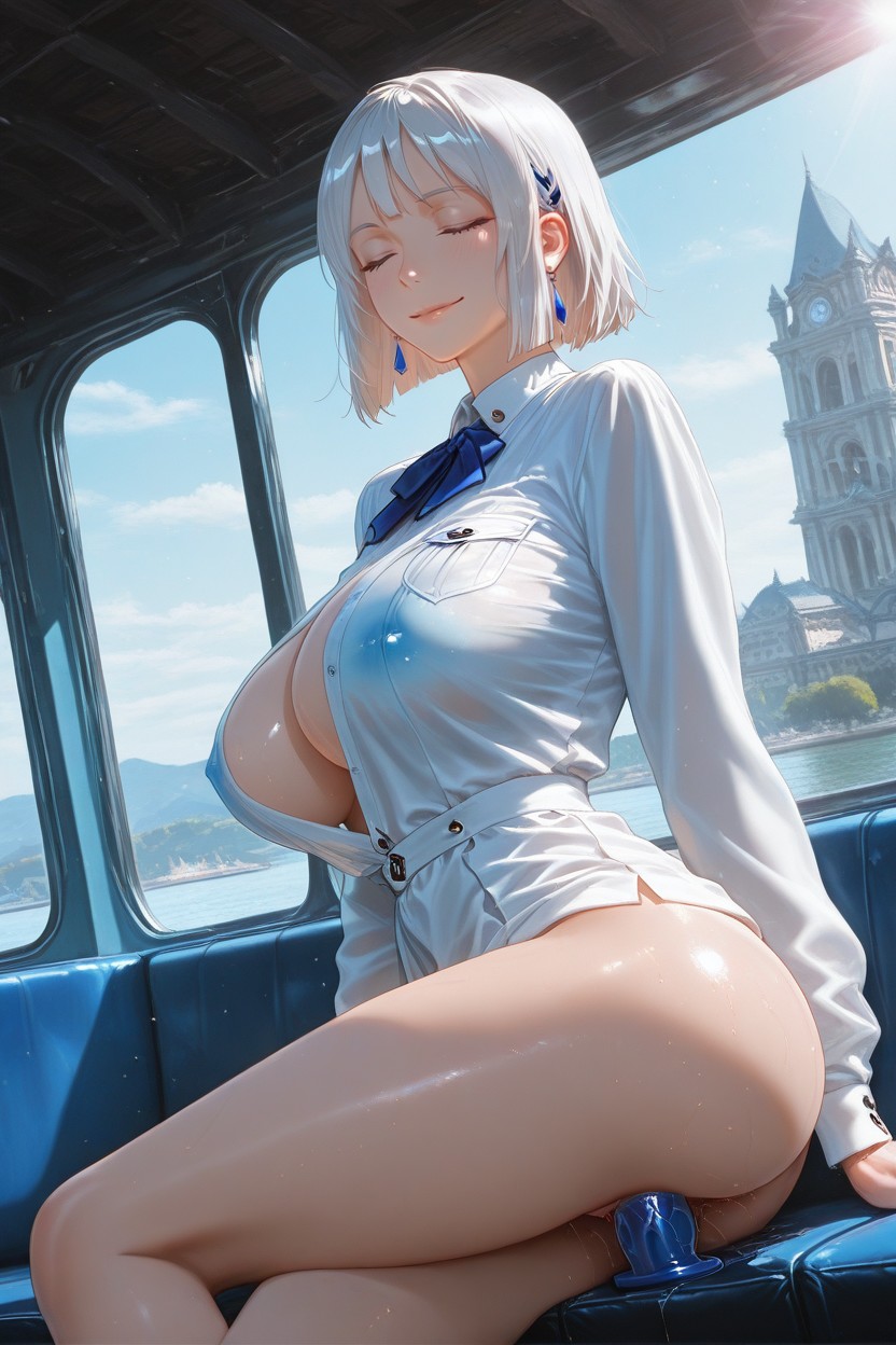 Nearest Shot, Gentle, Rise One Leg Holding Pantie A Beautiful Undine In Her White And Blue Uniform Hentai AI Porn