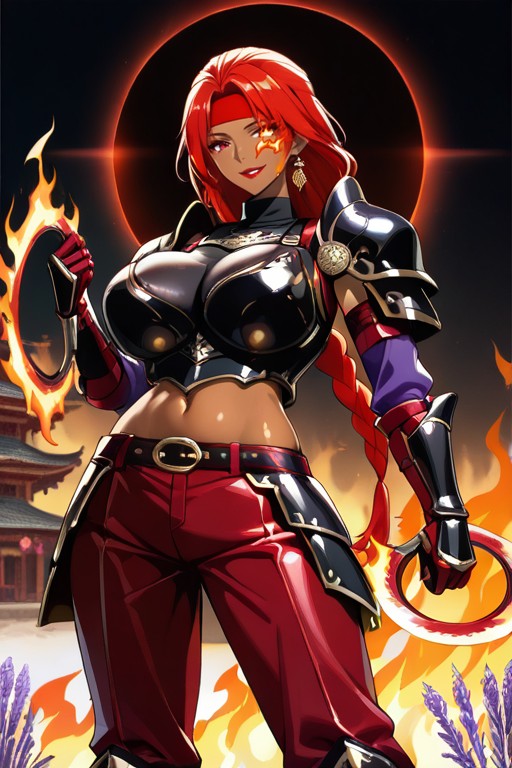 Hair Braided Into A Colossal Braided Ponytail, Red Lipstick, Metal Breast Armor Hentai AI Porn
