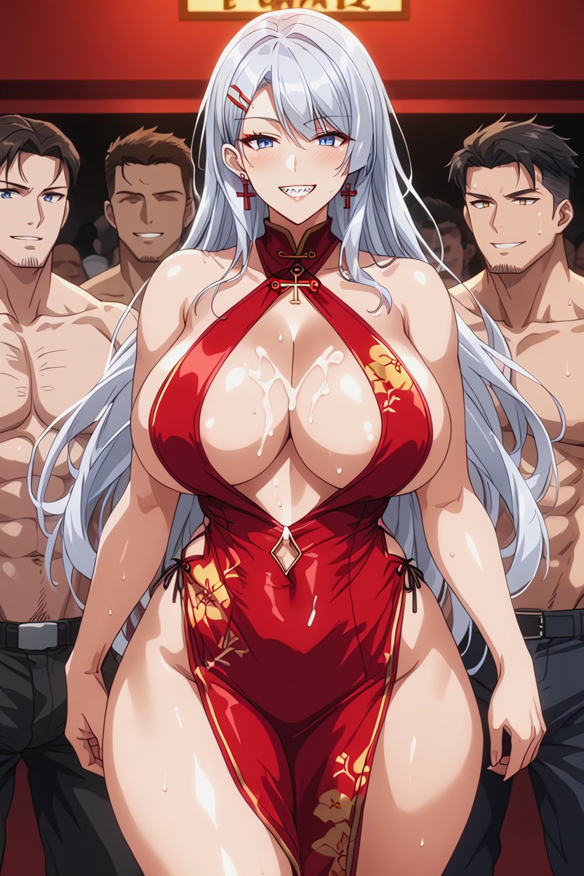 Seductive Playful Vibe, Tirpitz From Azur Lane, Wearing Tight Glossy Red Qipao Cheongsam Hentai AI Porn