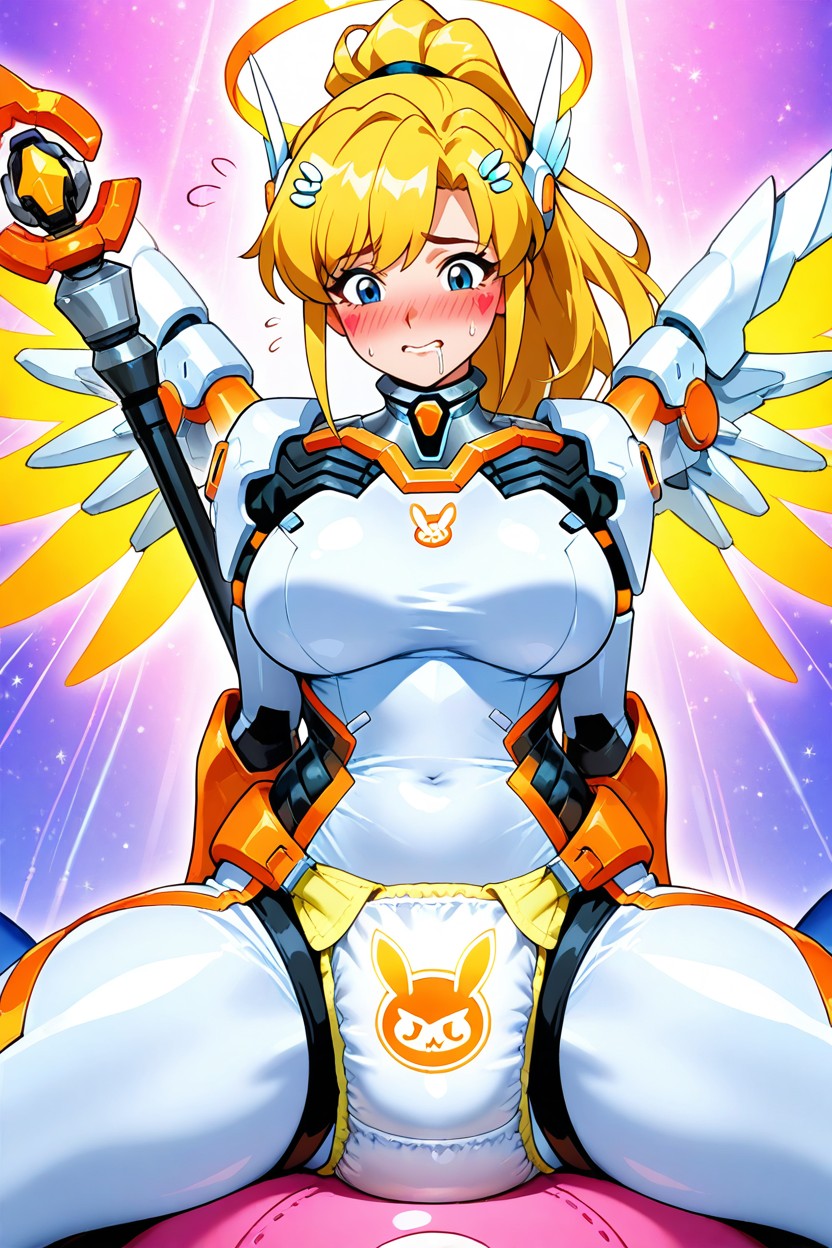 Flushed Cheeks, Angelic Features, Huge Adultdiaper Bulge Between Legs Hentai AI Porn