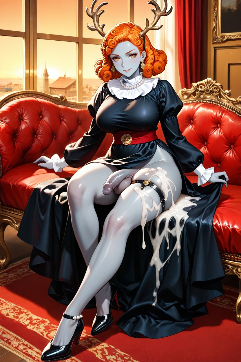 Grey Skin, Closed At Chest With Ruff And Brooch, Beautiful Woman Hentai AI Porn