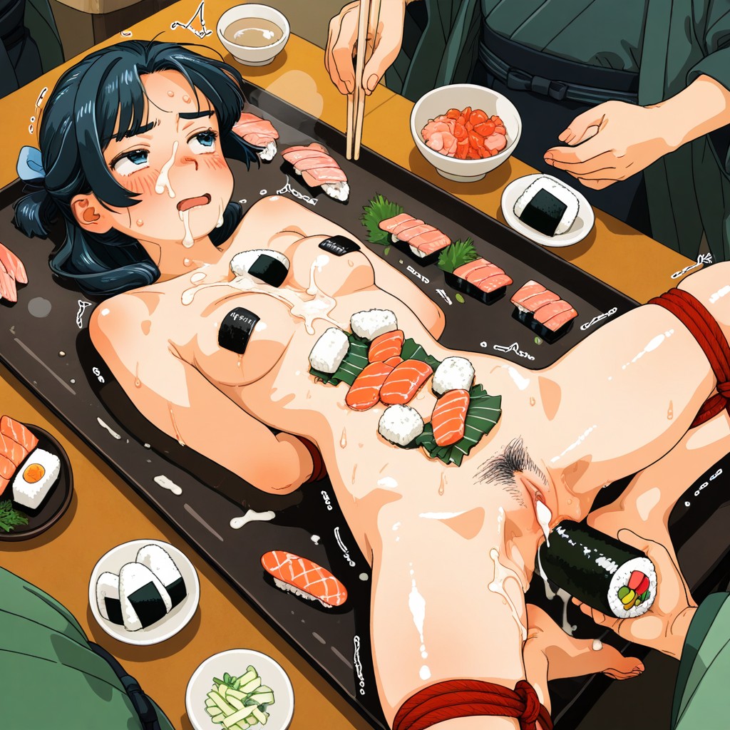 Sashimi On Body, Looking Away, Frogtie Hentai AI Porn