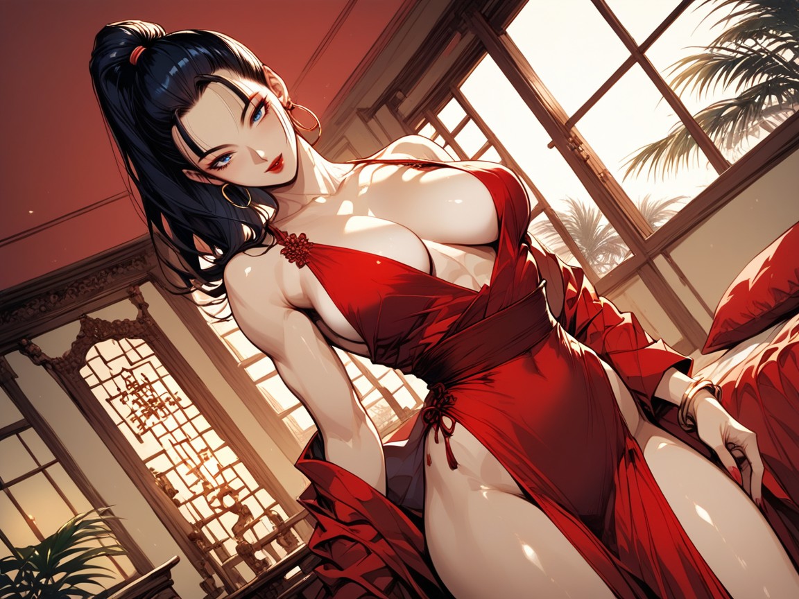 No Bra, Wearing A Red Dress, Tanned Skin Hentai AI Porn