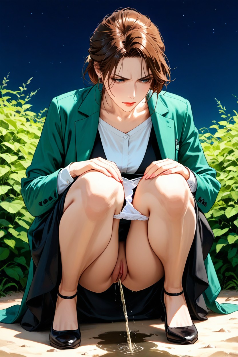 Small Breasts, Night Park, Green Cardigan Hentai AI Porn