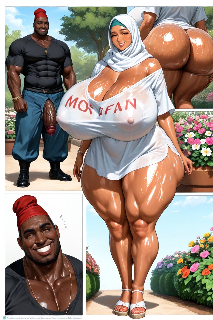 Monster Cock, Mascular Bodybuilder Man, Woman Wearing White Colour Hijab Hentai IA