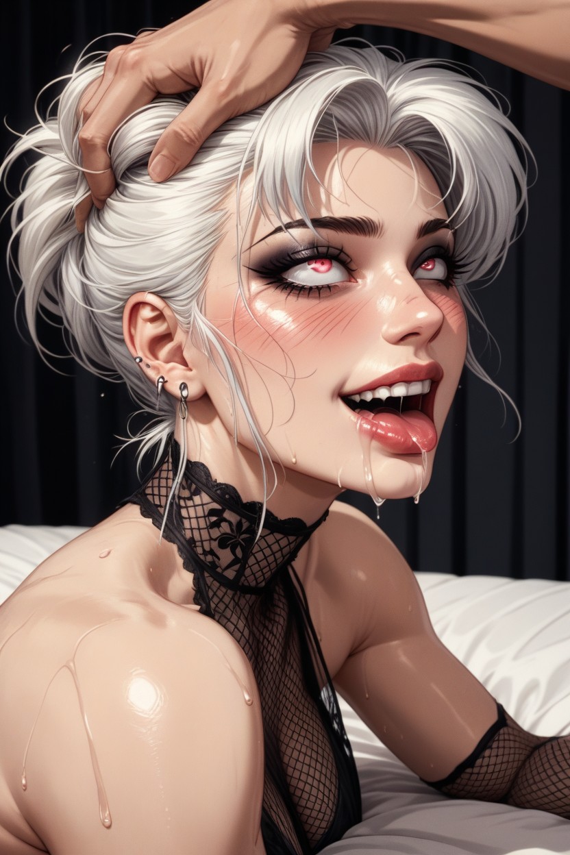 Bed, White Hair Wolfcut, Pink Blush Hentai AI Porn
