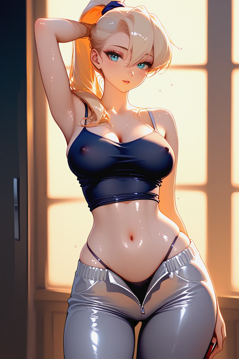 One Arm Up, Belly Lines Visible, Pink Body-hugging Shirt Hentai AI Porn