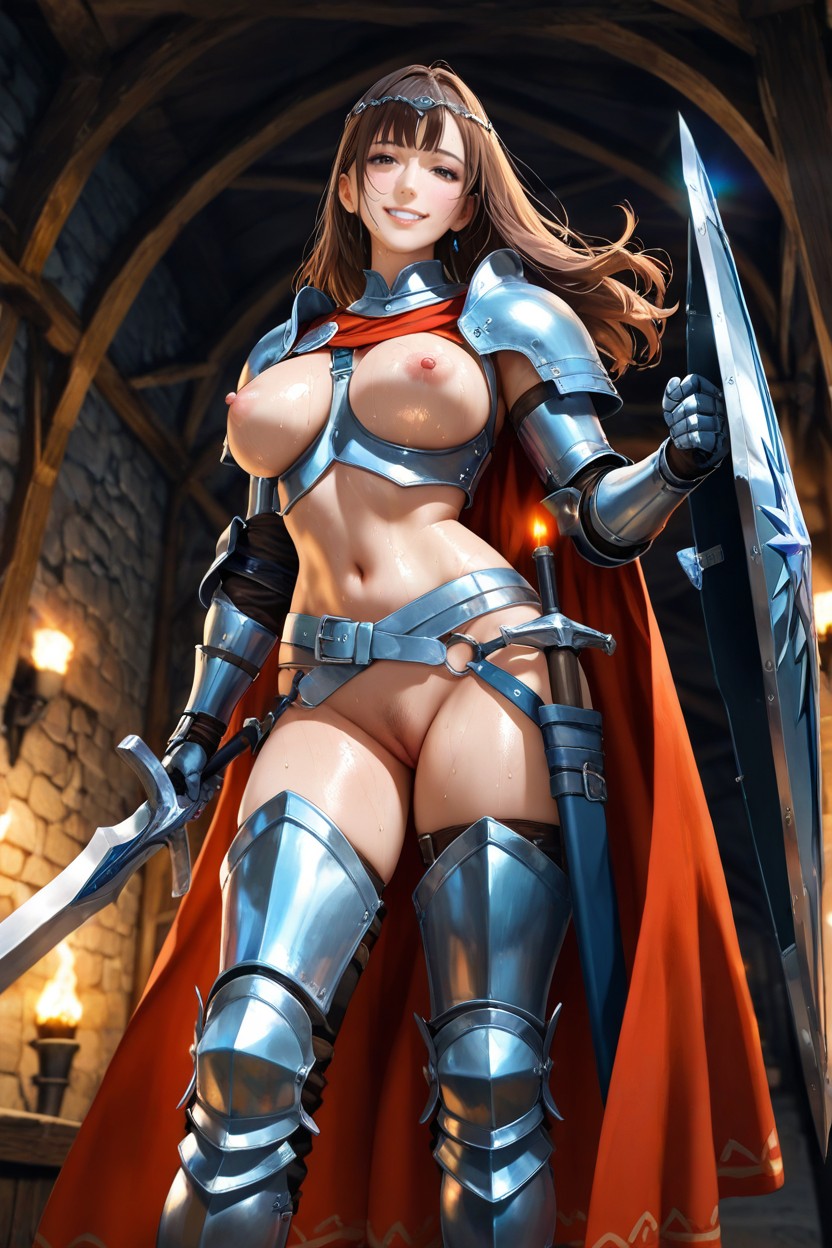 Half Wispy Hair Bangs, Wind Blowing Cape, Pechos Medianos Hentai IA