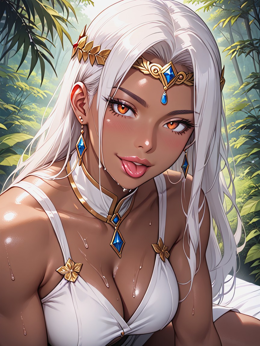 Smug Expression, Wearing A White Satin Blouse Closed Collar, Prominent Cleavage Hentai AI Porn