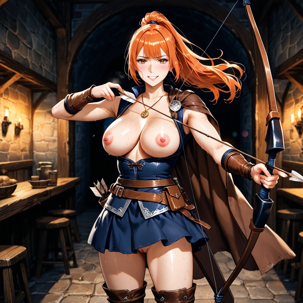 One Shoulder Brown Capelet With Black String, Brown Hi-rise Leather Boots, Blushed Face Hentai AI Porn
