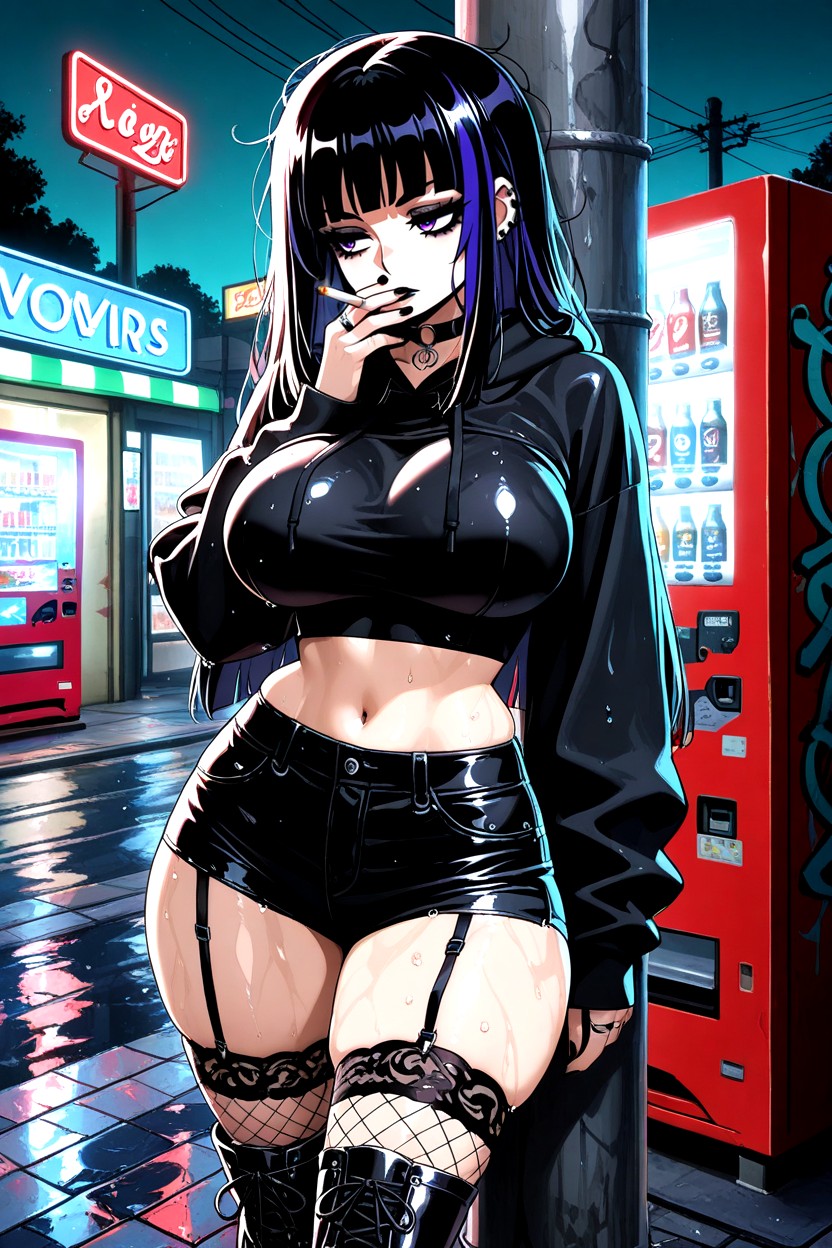 Standing, Black Lips, Blue Eye Shadow Hentai AI Porn