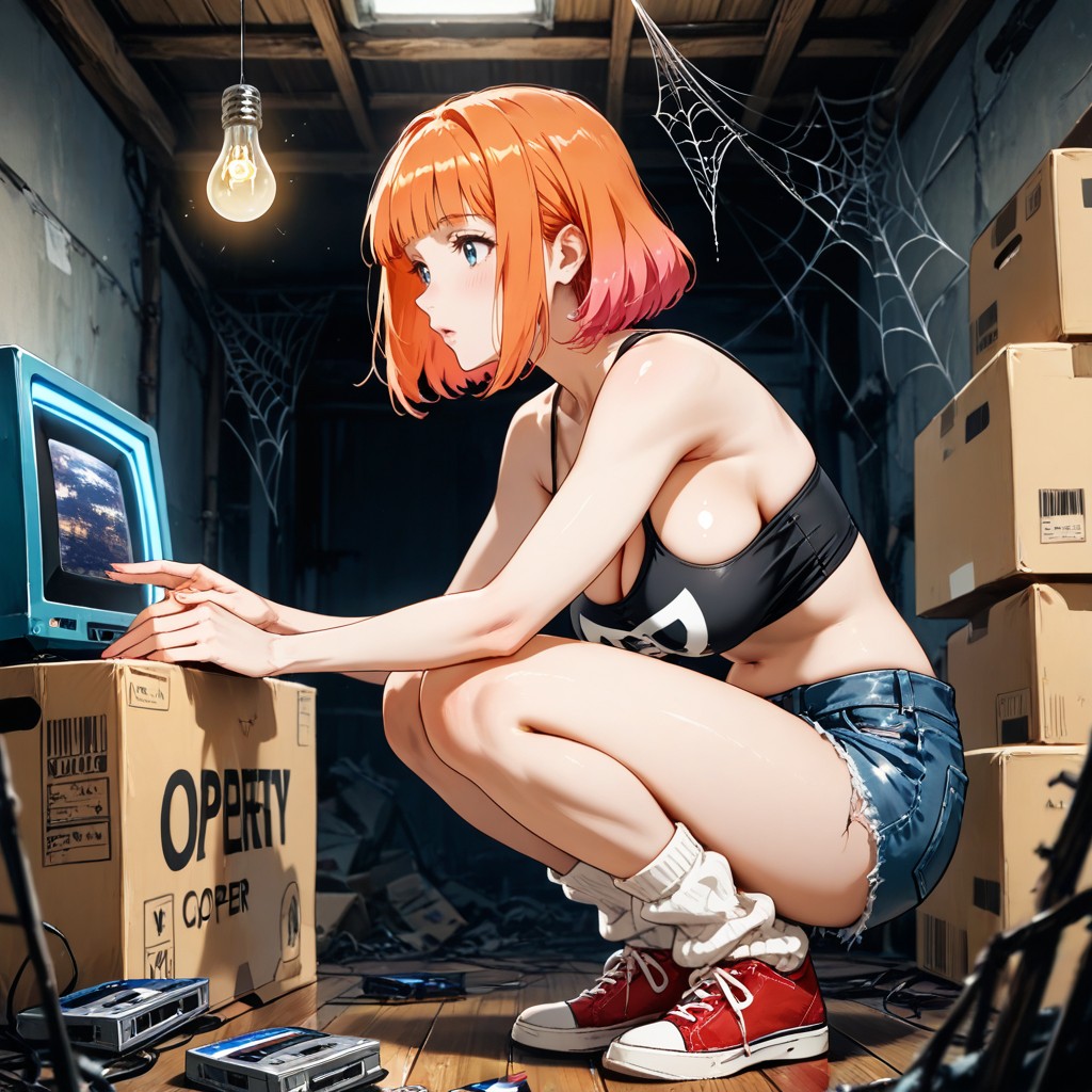 Skinny, Breast Nipples Visible Under Clothing, She Looks At Her Hand With Curious Expression Hentai AI Porn