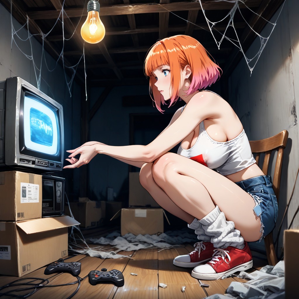 Jean Shorts, Side View, Crouching Hentai AI Porn