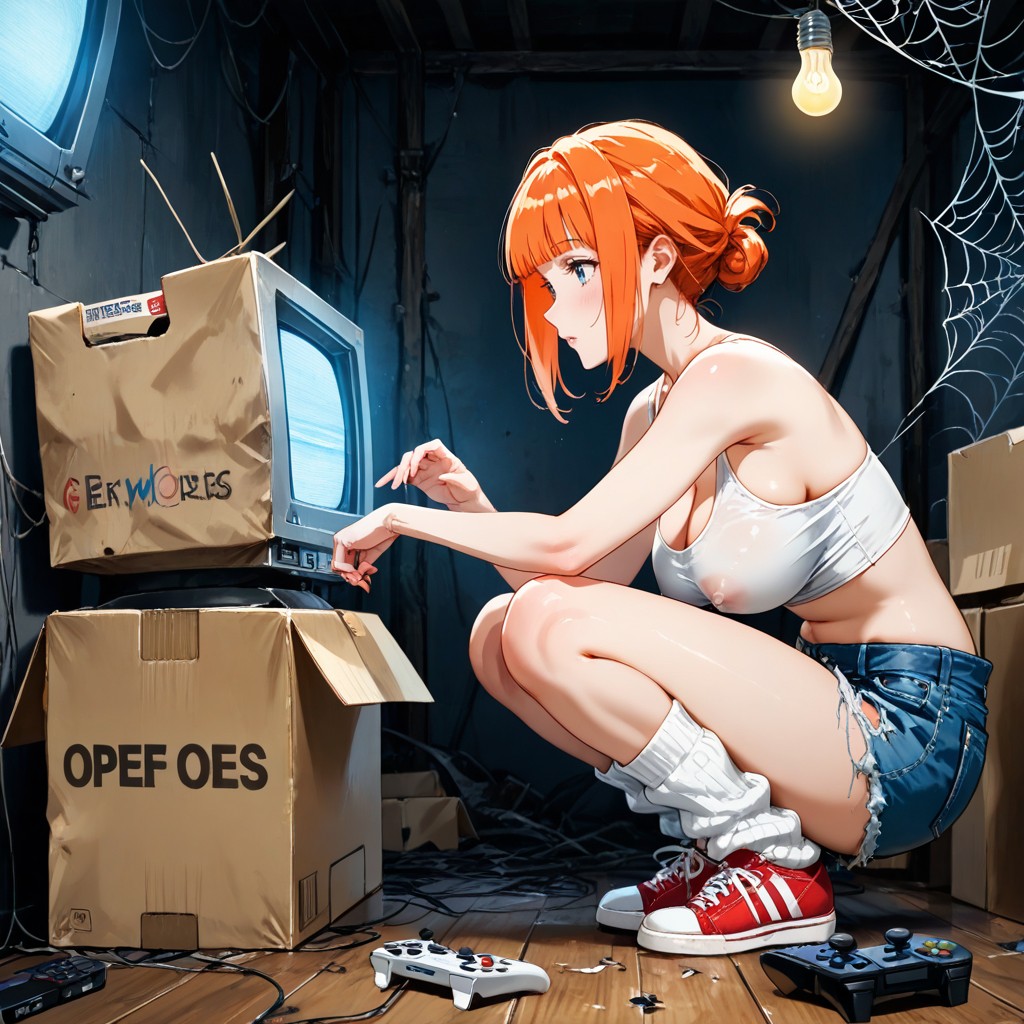 Large Old Crt Tv, Breast Nipples Visible Under Clothing, Bobbed Hairstyle With Blunt Hair Bangs Hentai AI Porn