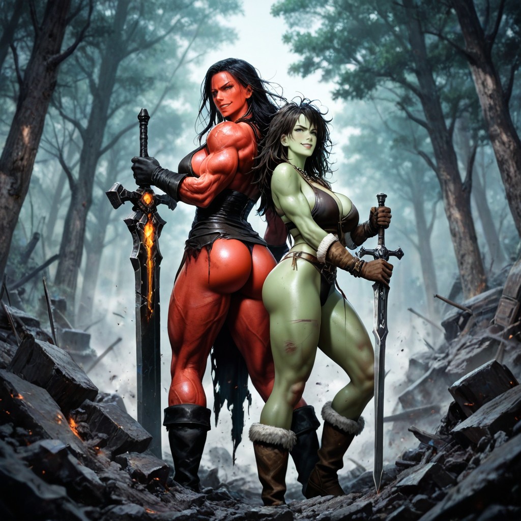 Battlefield, Swirling Dust, Both Of Them Holding War Club And Long Sword Hentai AI Porn