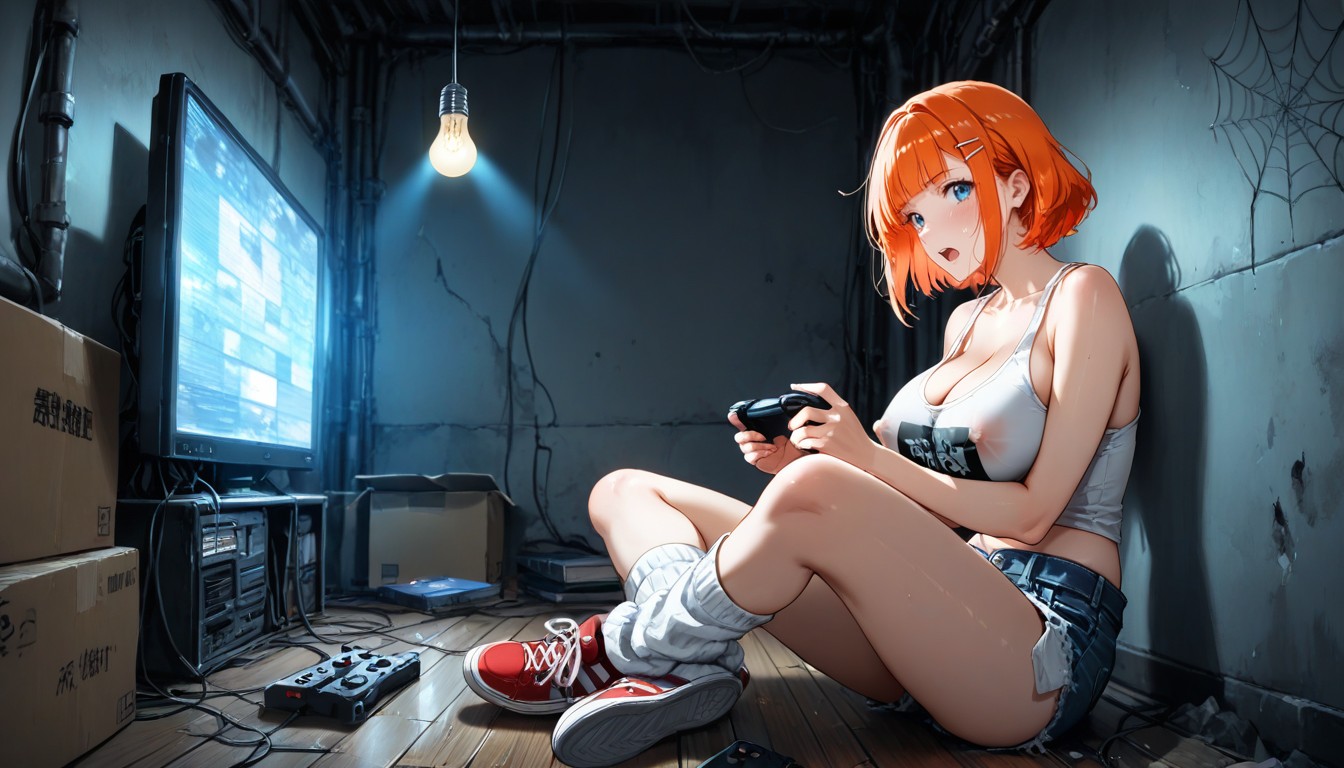 Playing Video Games, Both Hands Holding One Wired Gamepad, Blue Denim Booty Hentai AI Porn