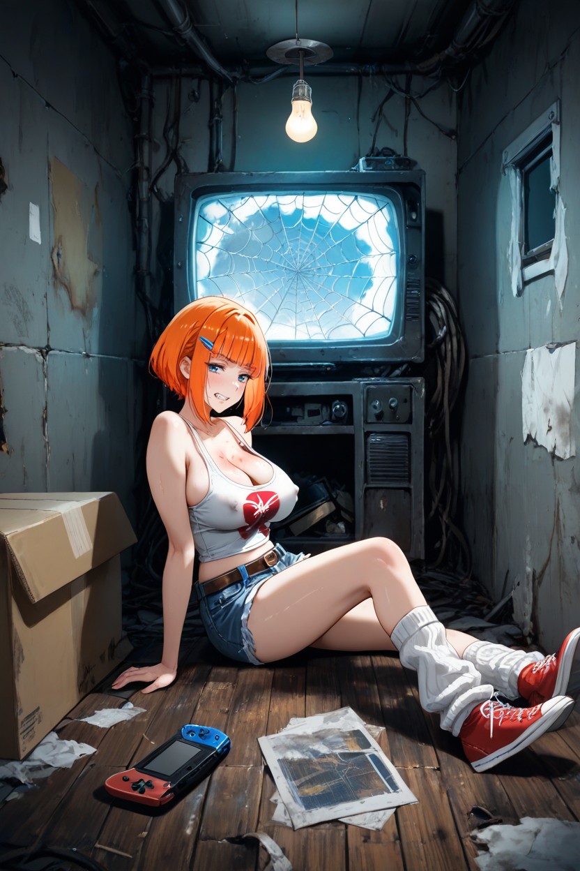Spider Webs, Smoke Rising From Video Game Console, Breast Nipples Visible Under Clothing Hentai AI Porn