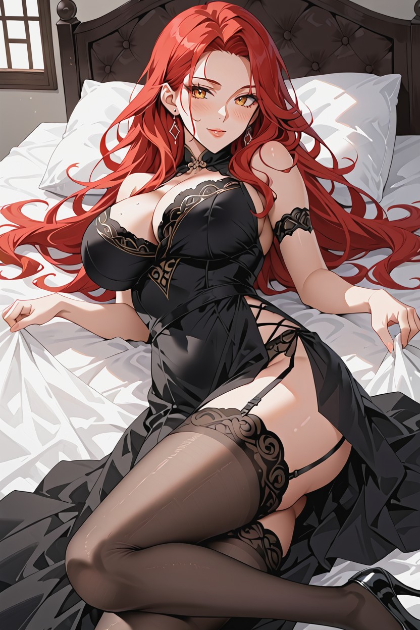 Red Hair, Black Thigh-high Stockings, Waist Hentai IA
