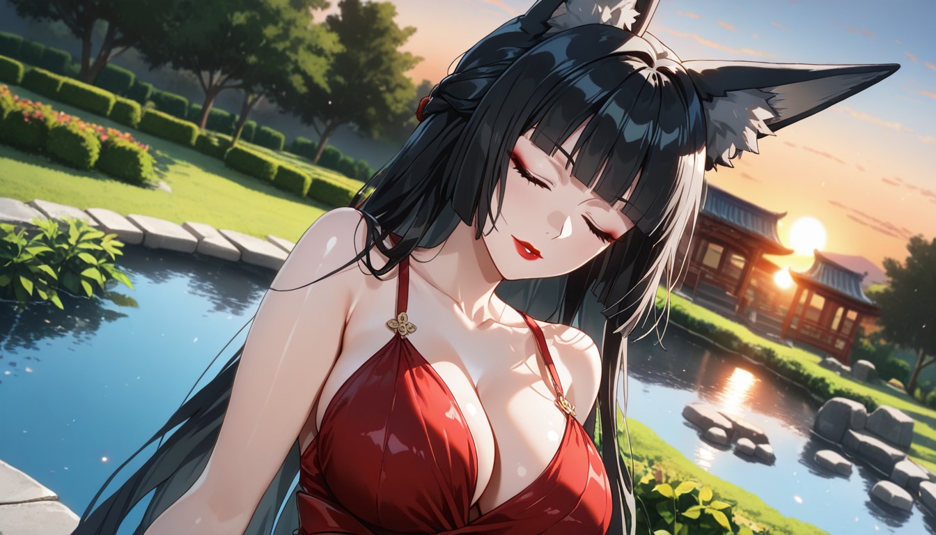 Crimson Red Lips, Hime Style Hair, Blurred Edges Hentai AI Porn