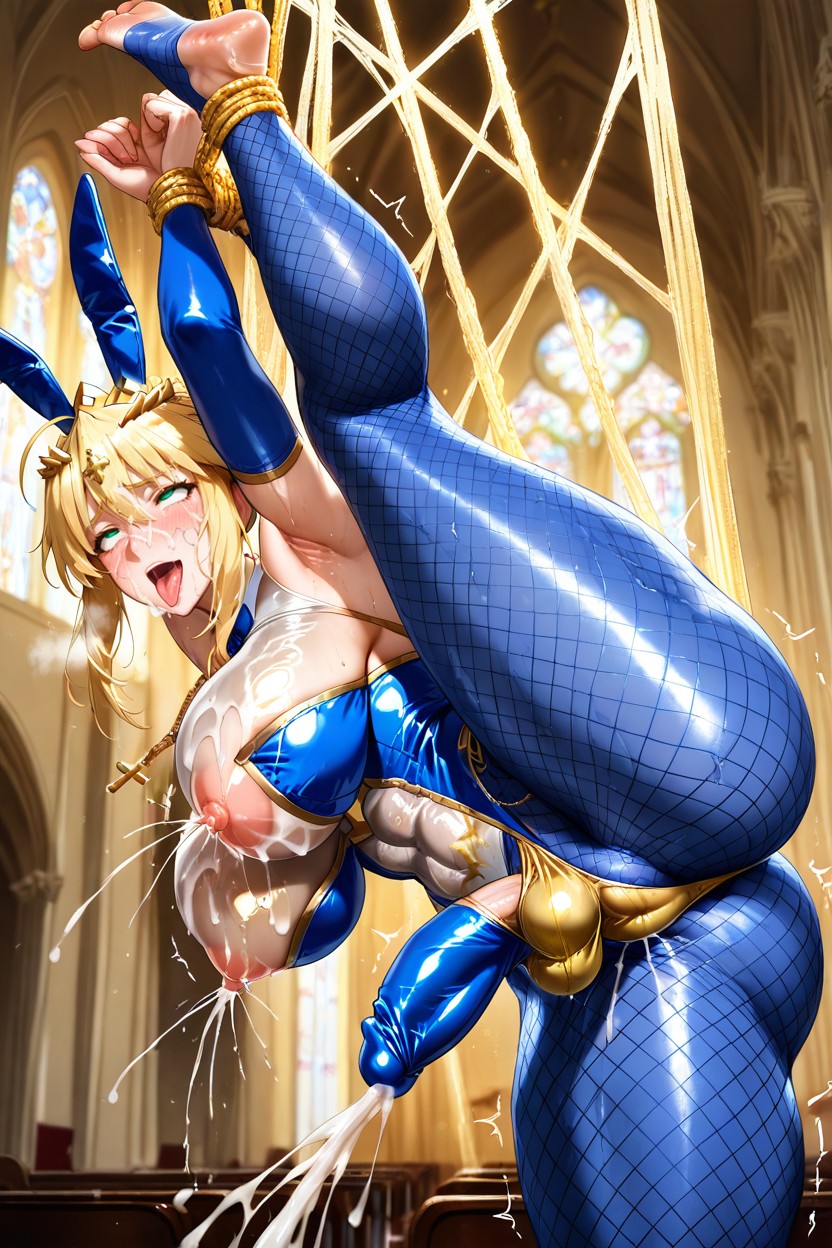 Stockings, Gold Chain Around Cock And Balls, White Reverse Bunny Bodystocking Hentai AI Porn