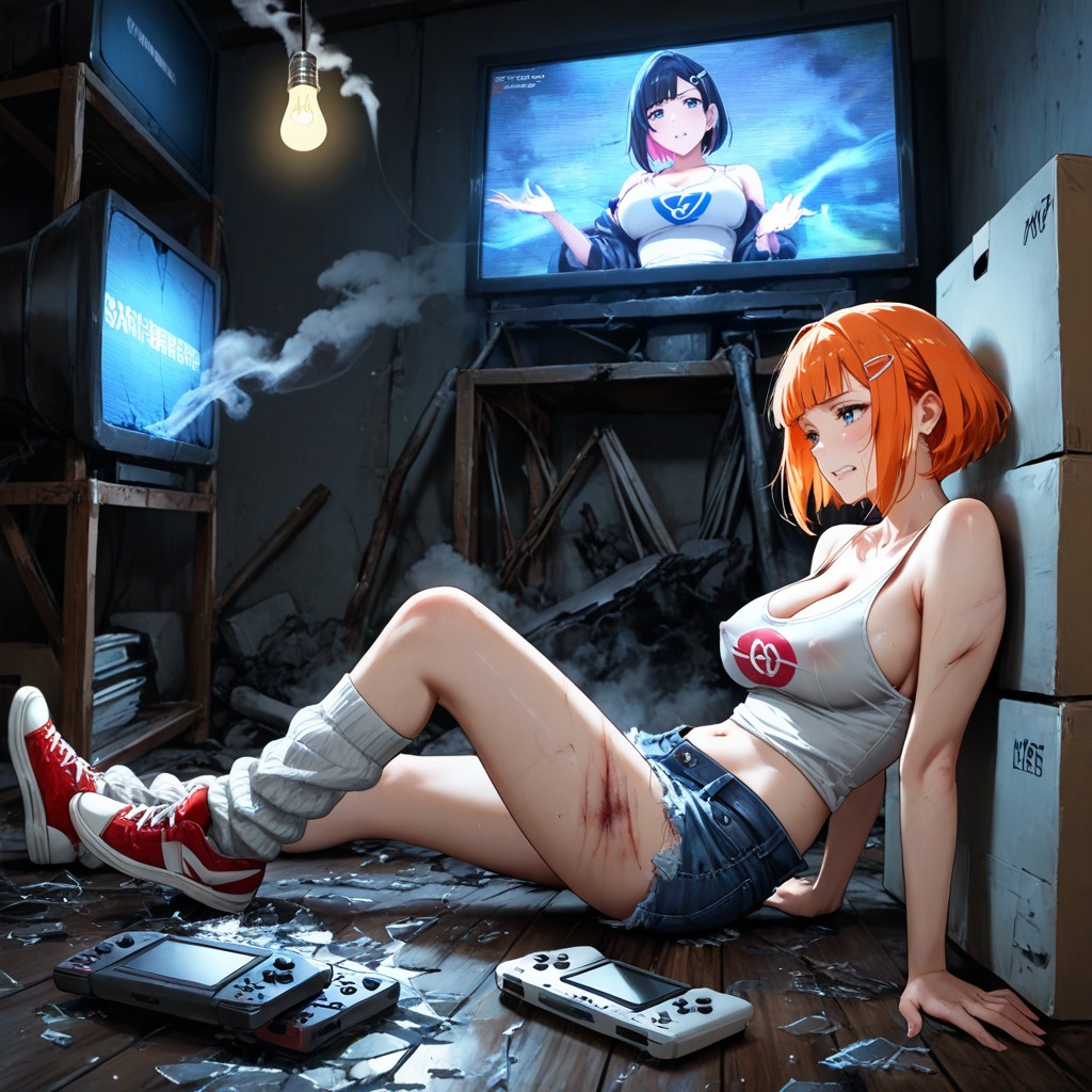 Old Wired Gamepad On Floor, Hair Clip At Back Of Head, Breast Nipples Visible Under Clothing Hentai AI Porn