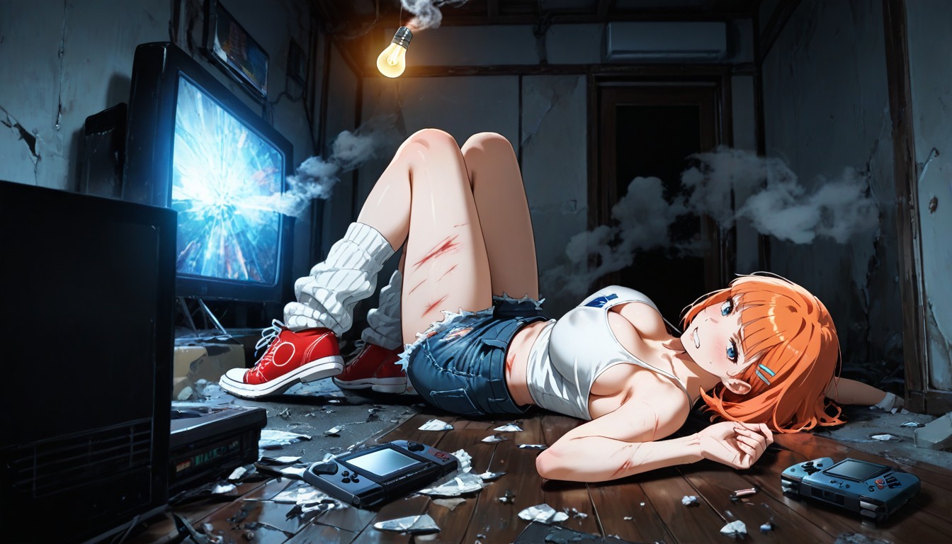White Cartoon Print Cropped Tanktop, Cracked Tv Screen, Damaged Wooden Floor Hentai IA