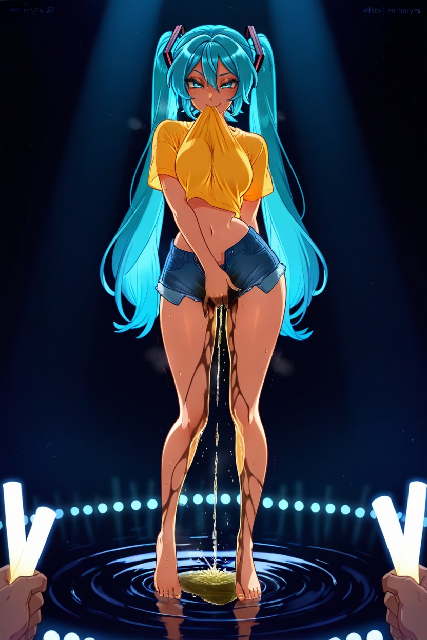 Light Blue Hair, Full Body, Pee Stained Hotpants Hentai AI Porn