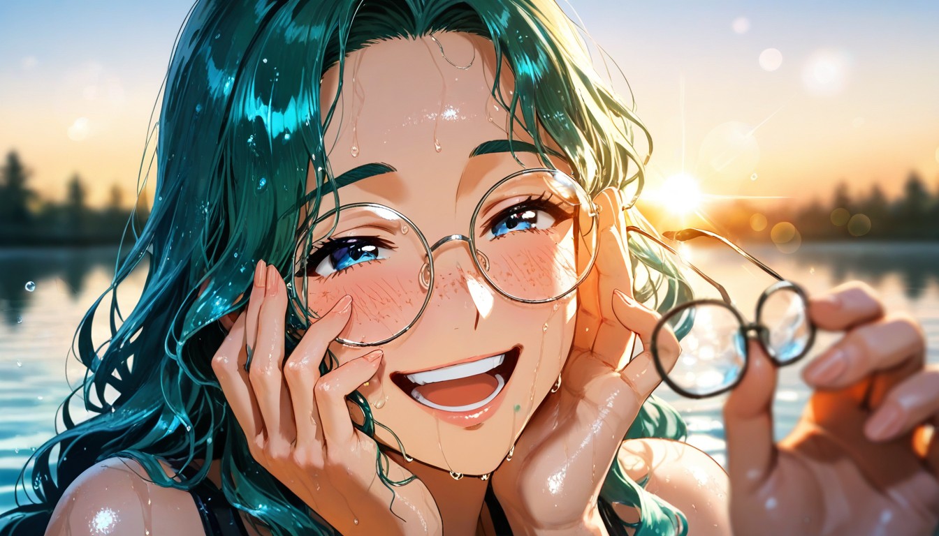 Wet Glasses, Hair Plastered To Face, Blue Eyes Hentai IA
