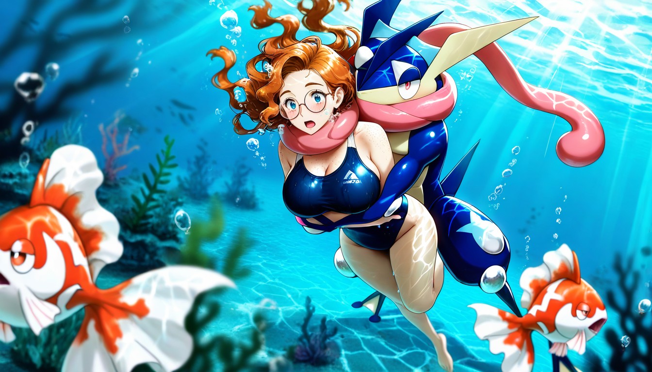 Goldeen Pokemon Swimming In Distance, Blue Eyes, Light Rays Through Water Porno IA Hentai