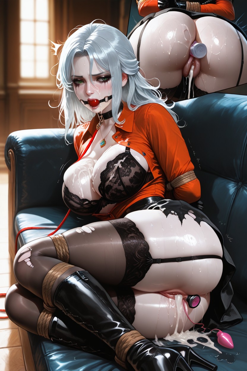 Cum On Body, Green Eyes, Black Lace Stockings With Black Garter Belt Hentai AI Porn
