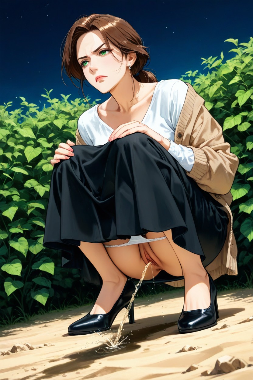 Hands On Knees, Serious Face, Small Breasts Hentai AI Porn