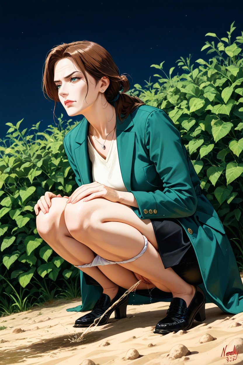 Urine Dripping Down, Knees Together Feet Apart, Black Skirt Hentai AI Porn