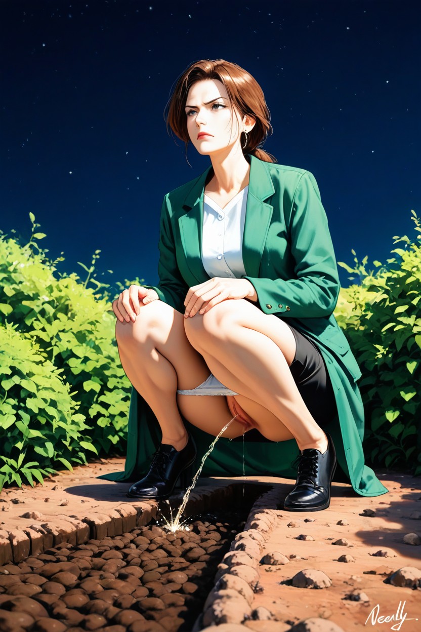 Peeing In Bushes, Side View, Urine Slightly Dripping Down From Pussy Hentai AI Porn