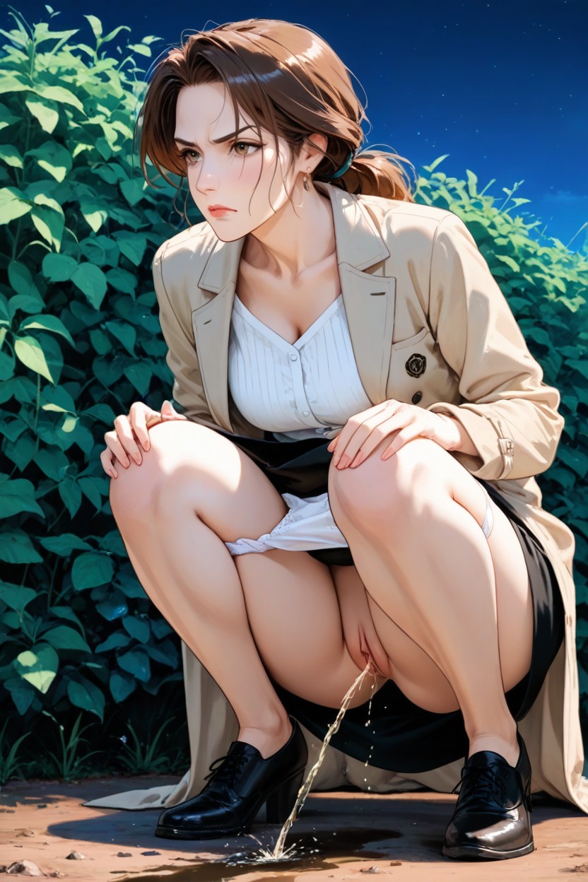 Gets Up From A Squatting Position, White Blouse, Serious Face Hentai AI Porn