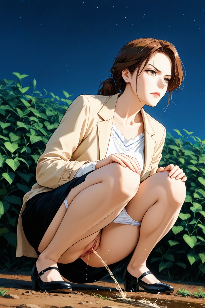 Small Breasts, Wearing Back Skirt Under Topping Beige Coat, In A Half-squat Hentai AI Porn