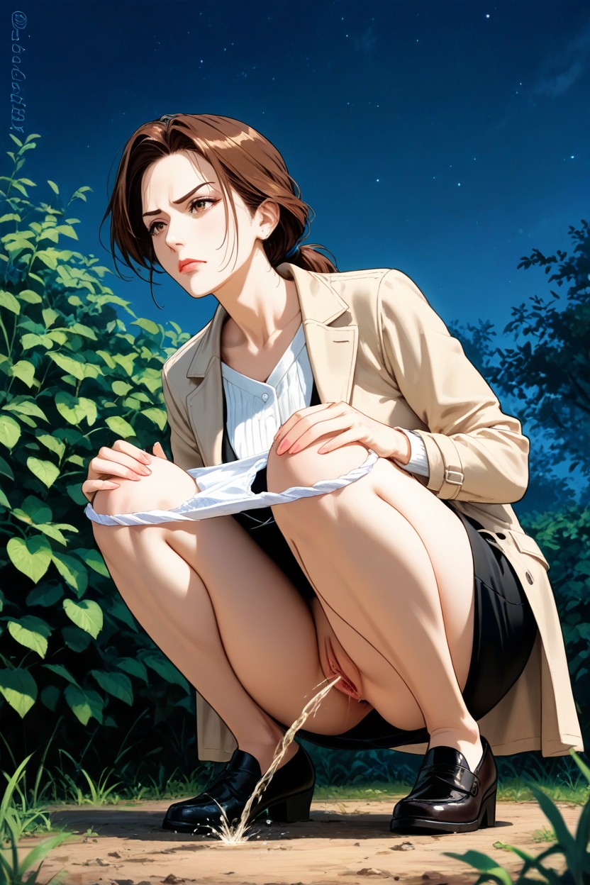 Brown Hair, Hands On Knees, Light Outlines Body Shapes Hentai AI Porn